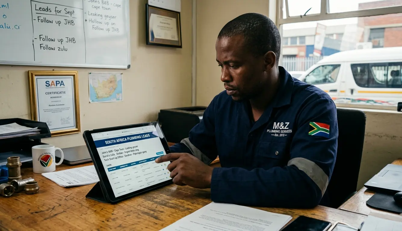 Plumber checking small business marketing South Africa leads