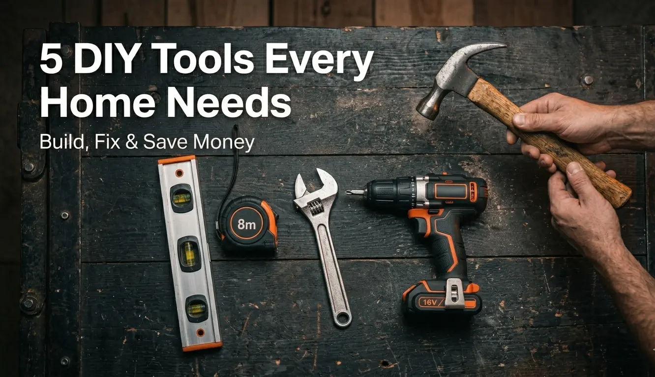 Essential DIY tools laid out on a workbench